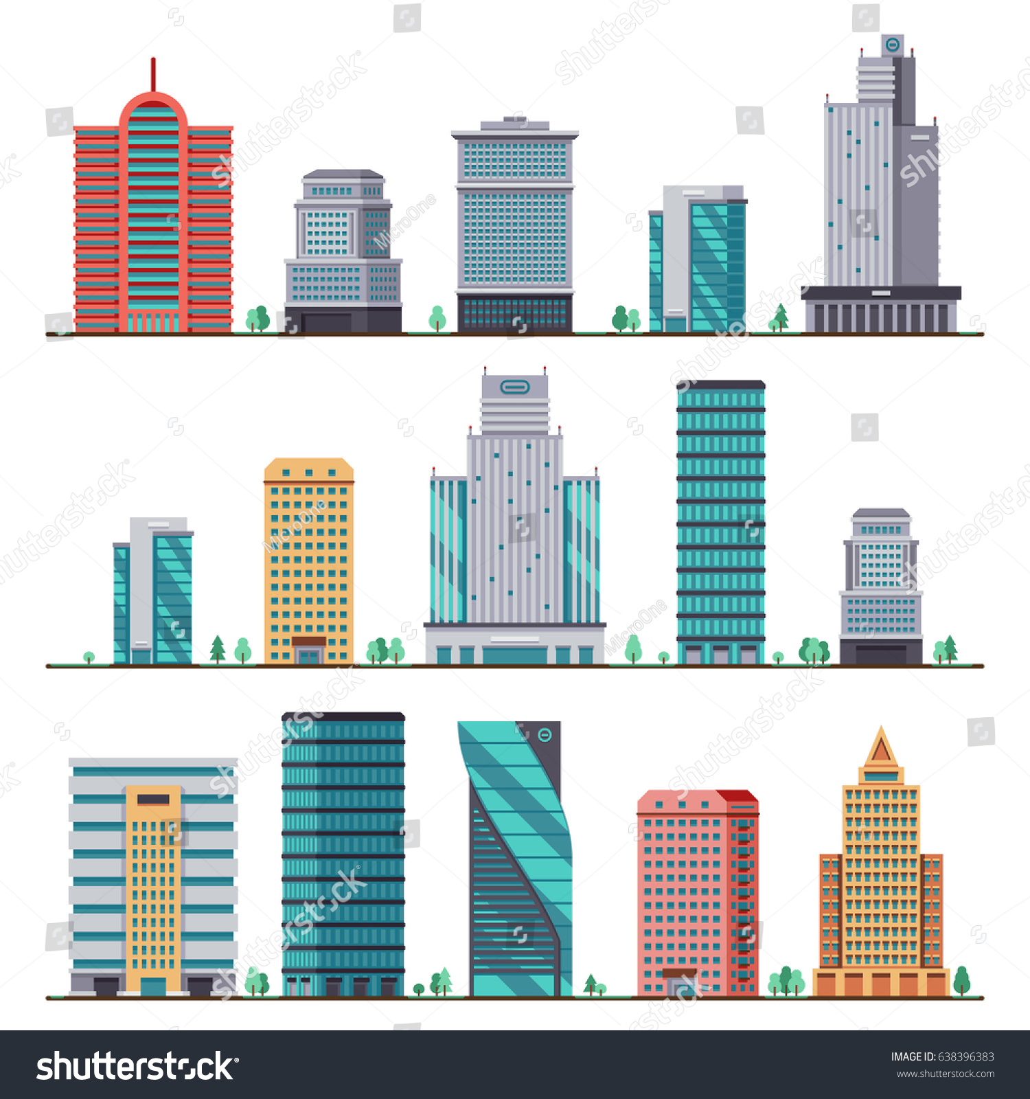 Buildings and modern city houses flat vector icons #638396383
