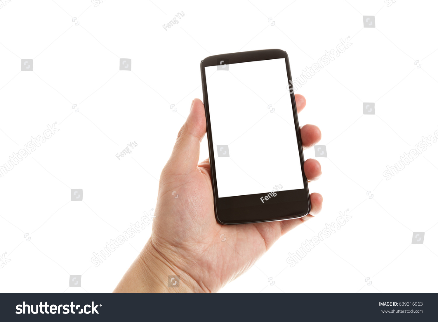 hand holding and showing smartphone with blank screen. Isolated on white background  #639316963