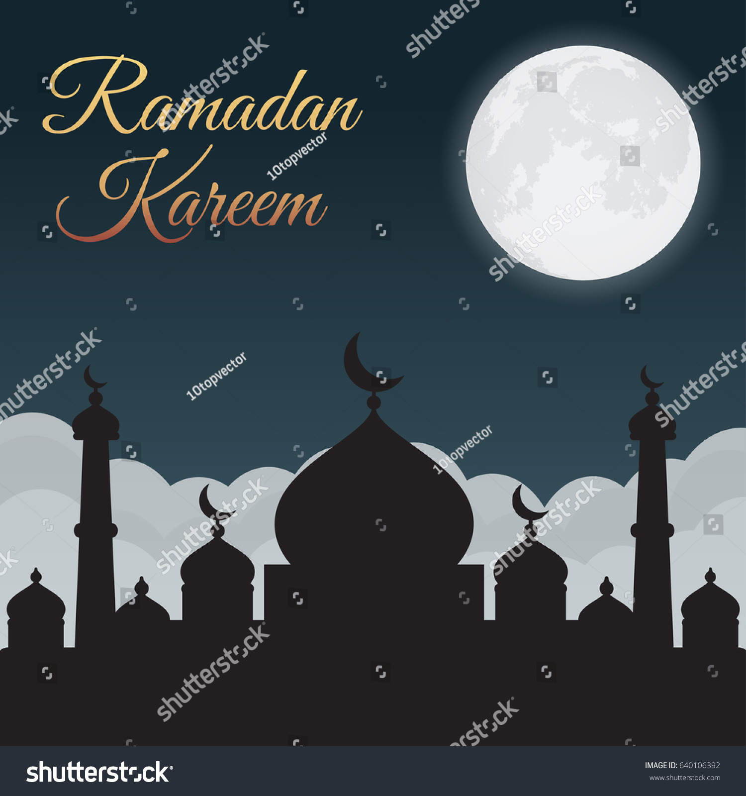 Ramadan Kareem. Night sky with mosque silhouette and moon, clouds. Arabic background #640106392