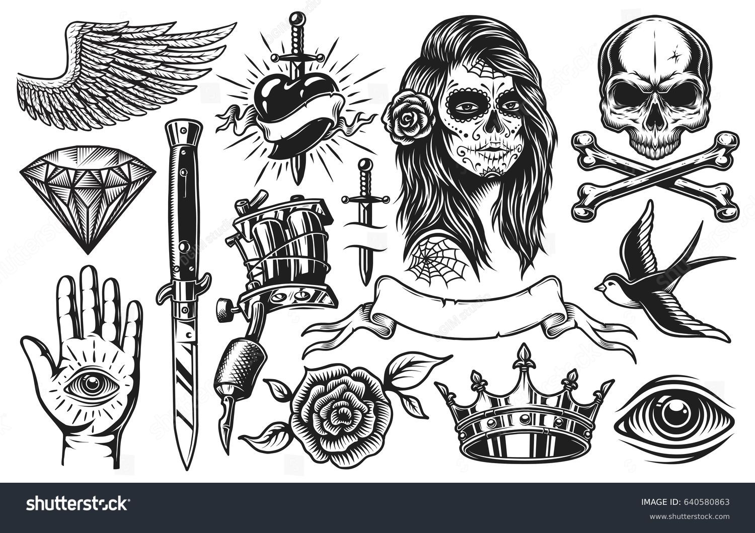Set of vintage black and white tattoo elements isolated on white background #640580863