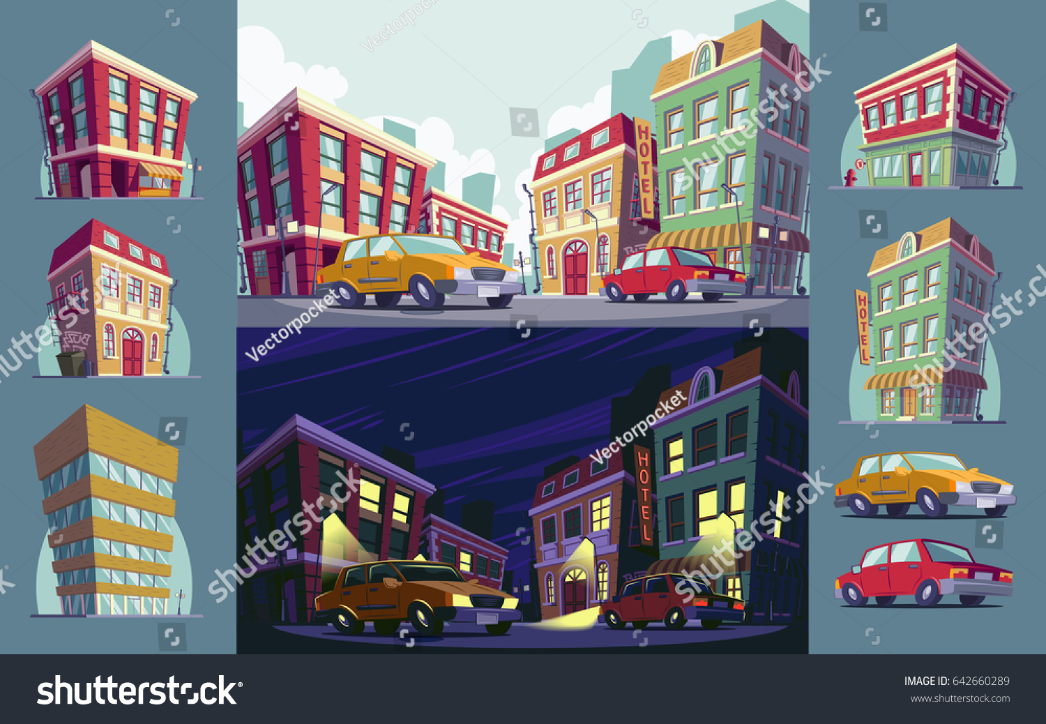 Set of cartoon illustrations of the historic urban area day and night, icons of buildings and cars in the cartoon style #642660289
