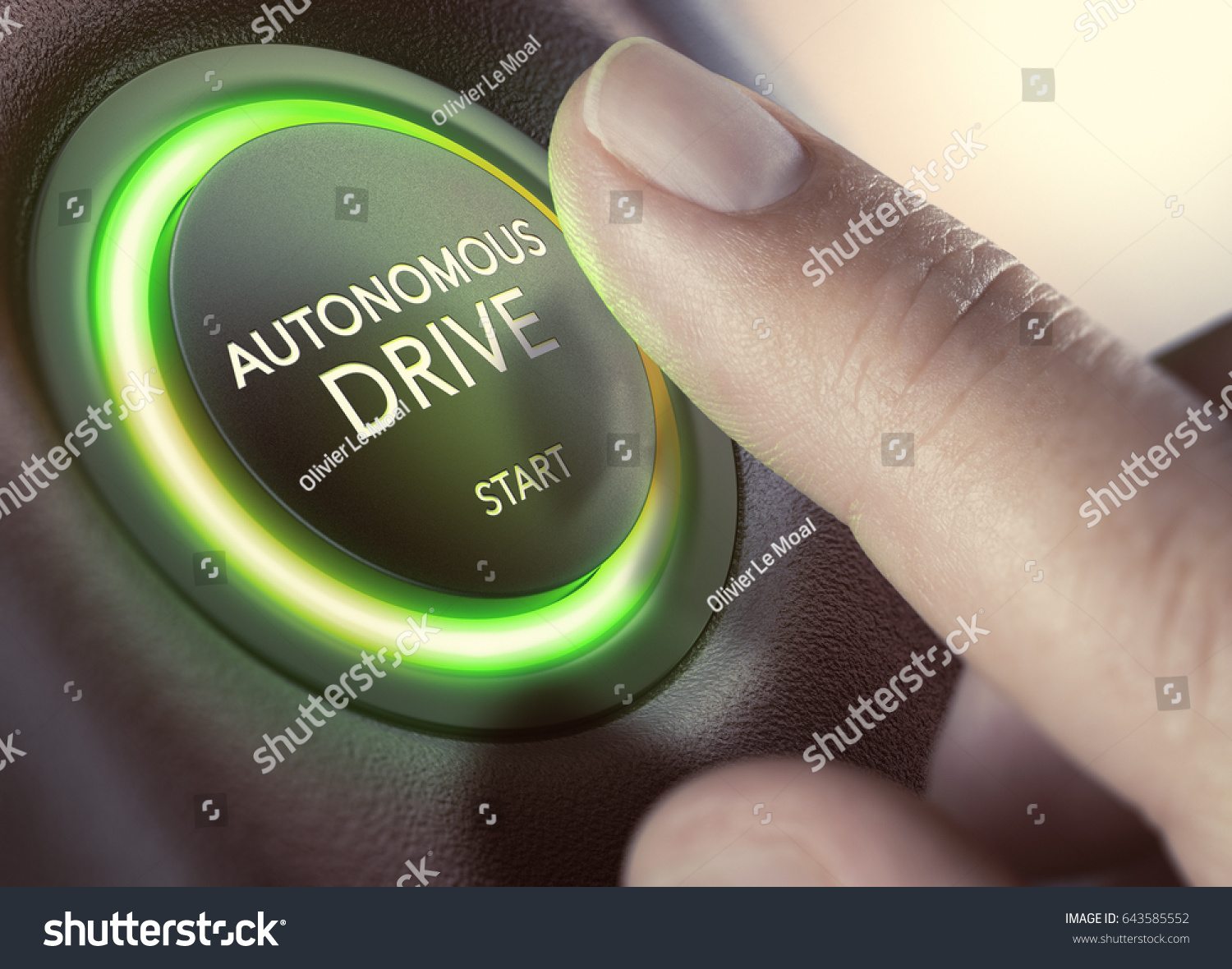 Finger pressing a push button to start a self-driving car. Composite image between a hand photography and a 3D background. #643585552