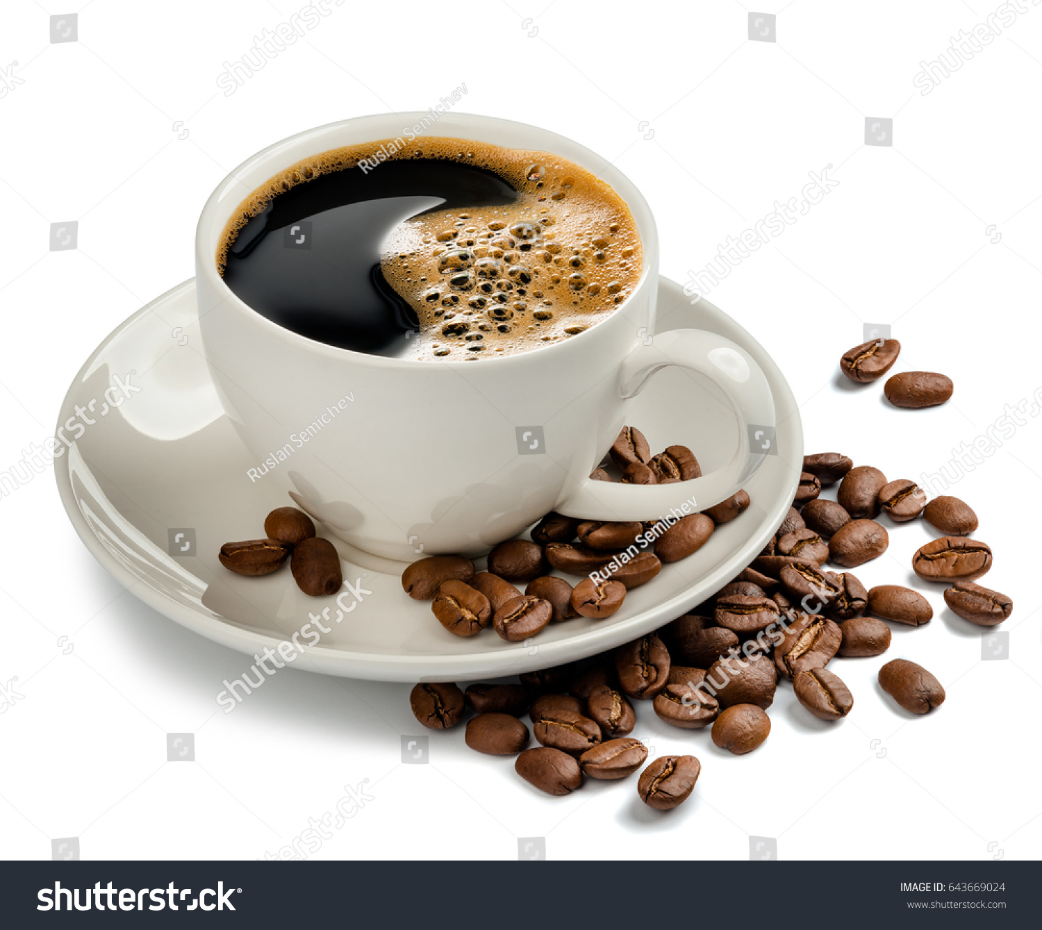 Coffee cup and coffee beans on white background #643669024