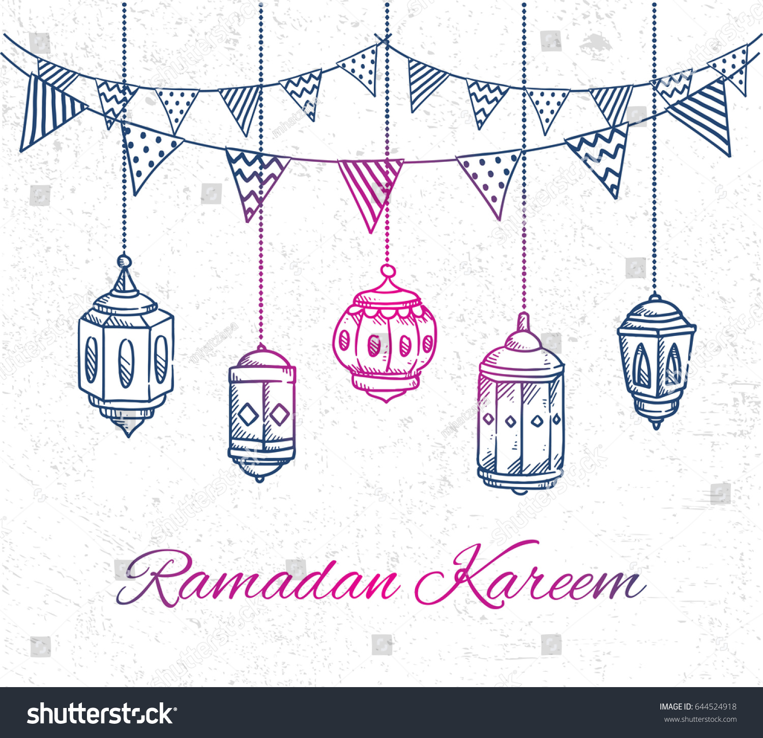 Ramadan greeting card with hand drawn lantern and bunting flag on grunge background #644524918
