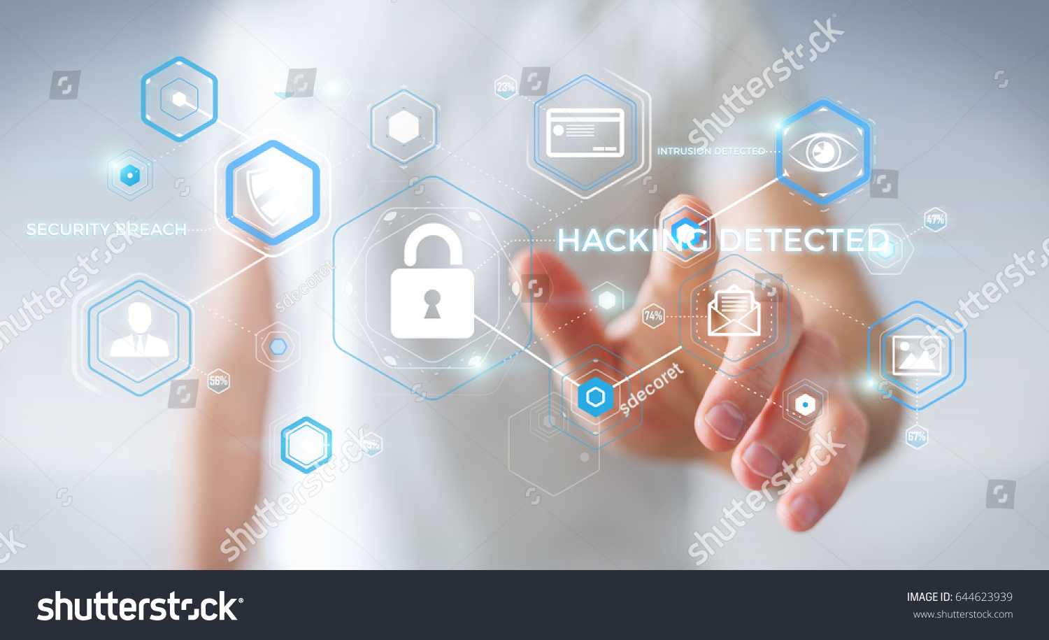 Businessman on blurred background using antivirus to block a cyber attack 3D rendering #644623939