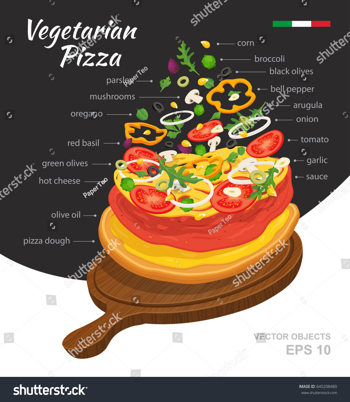 Vector  illustration of hot Vegetarian Pizza on wooden board. Falling ingredients. Traditional Italian recipe. Infographic creative design. Fastfood isolated on black and white background #645208480
