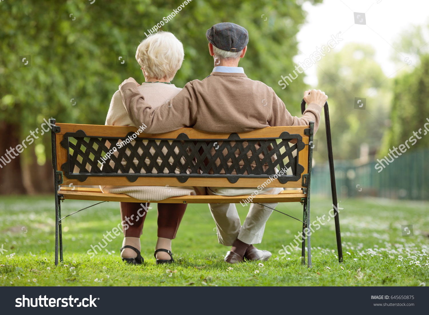 Rear view shot of a senior couple sitting on a wooden bench in the park #645650875