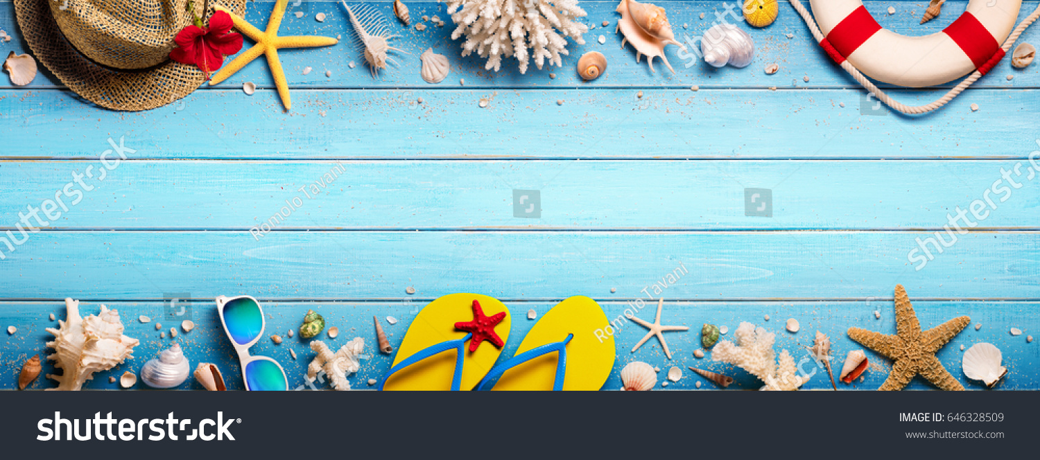 Beach Accessories On Blue Plank - Summer Holiday Banner
 #646328509