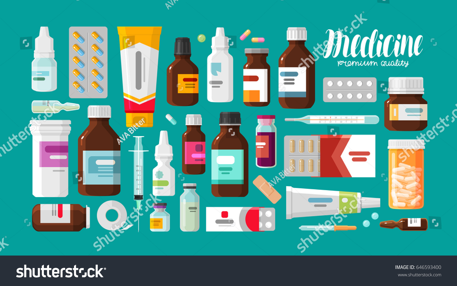 Medicine, pharmacy, hospital set of drugs with labels. Medication, pharmaceutics concept. Vector illustration #646593400
