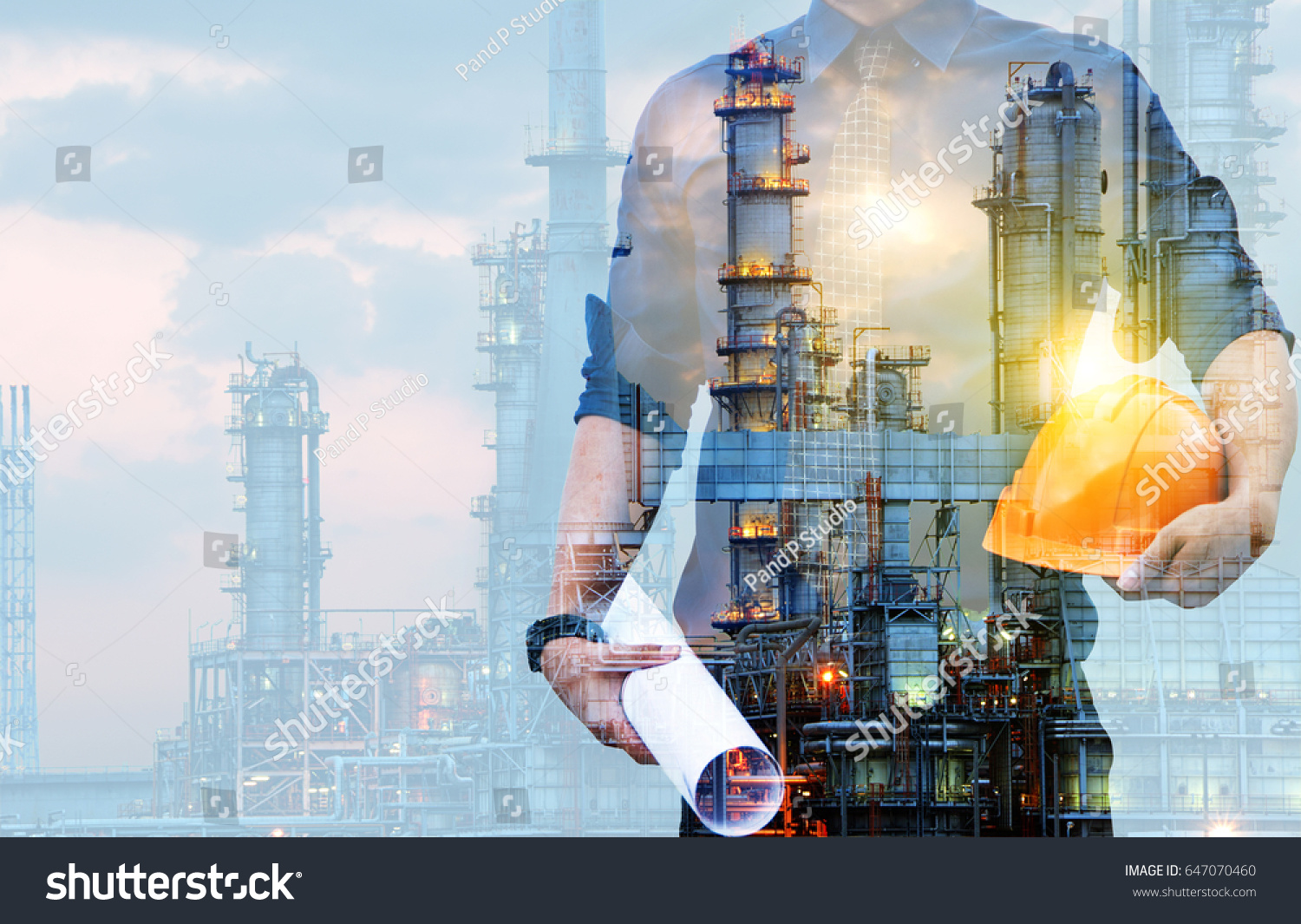 Double exposure of Engineer with safety helmet  with oil refinery industry plant background  #647070460