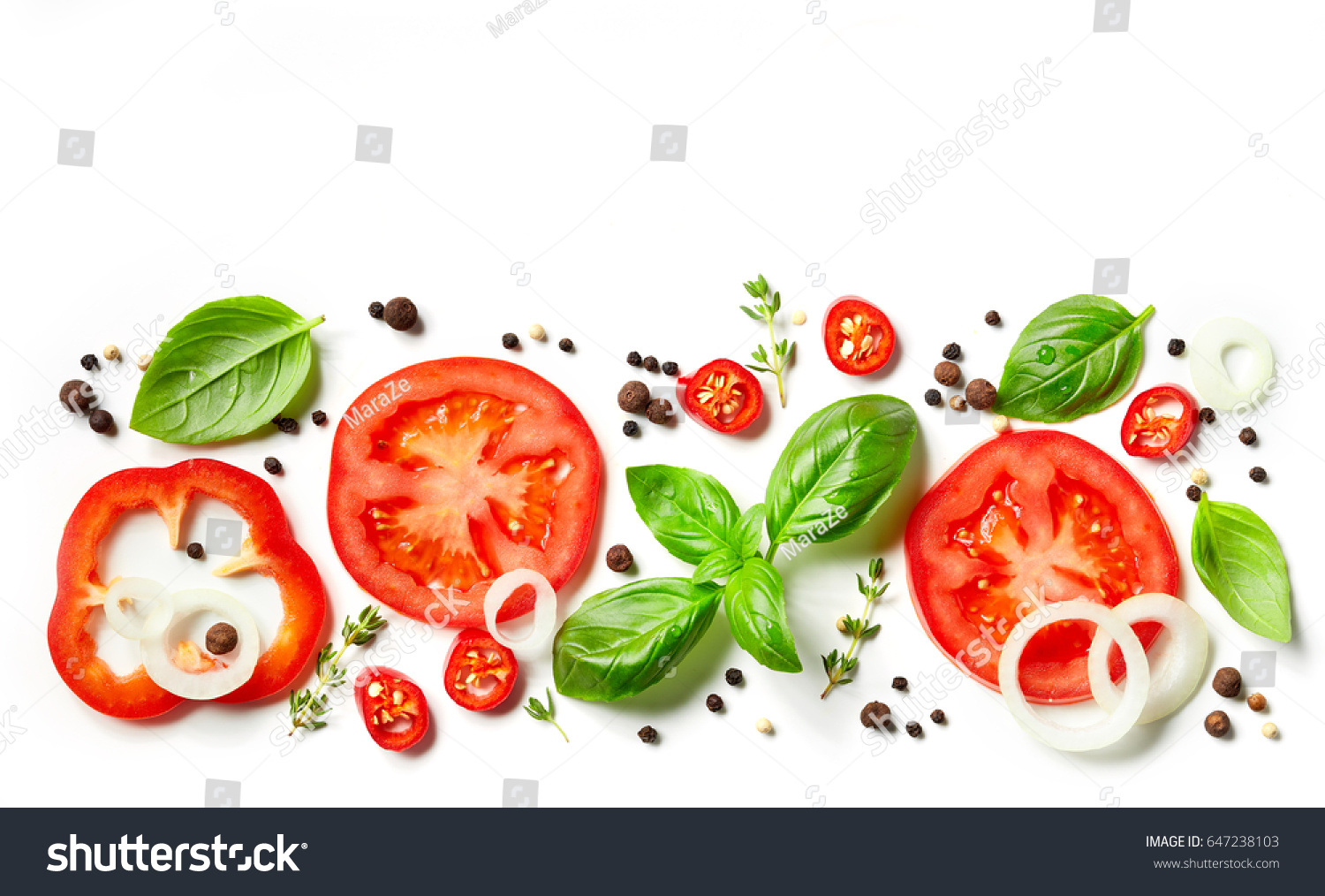 fresh vegetables, herbs and spices isolated on white background #647238103