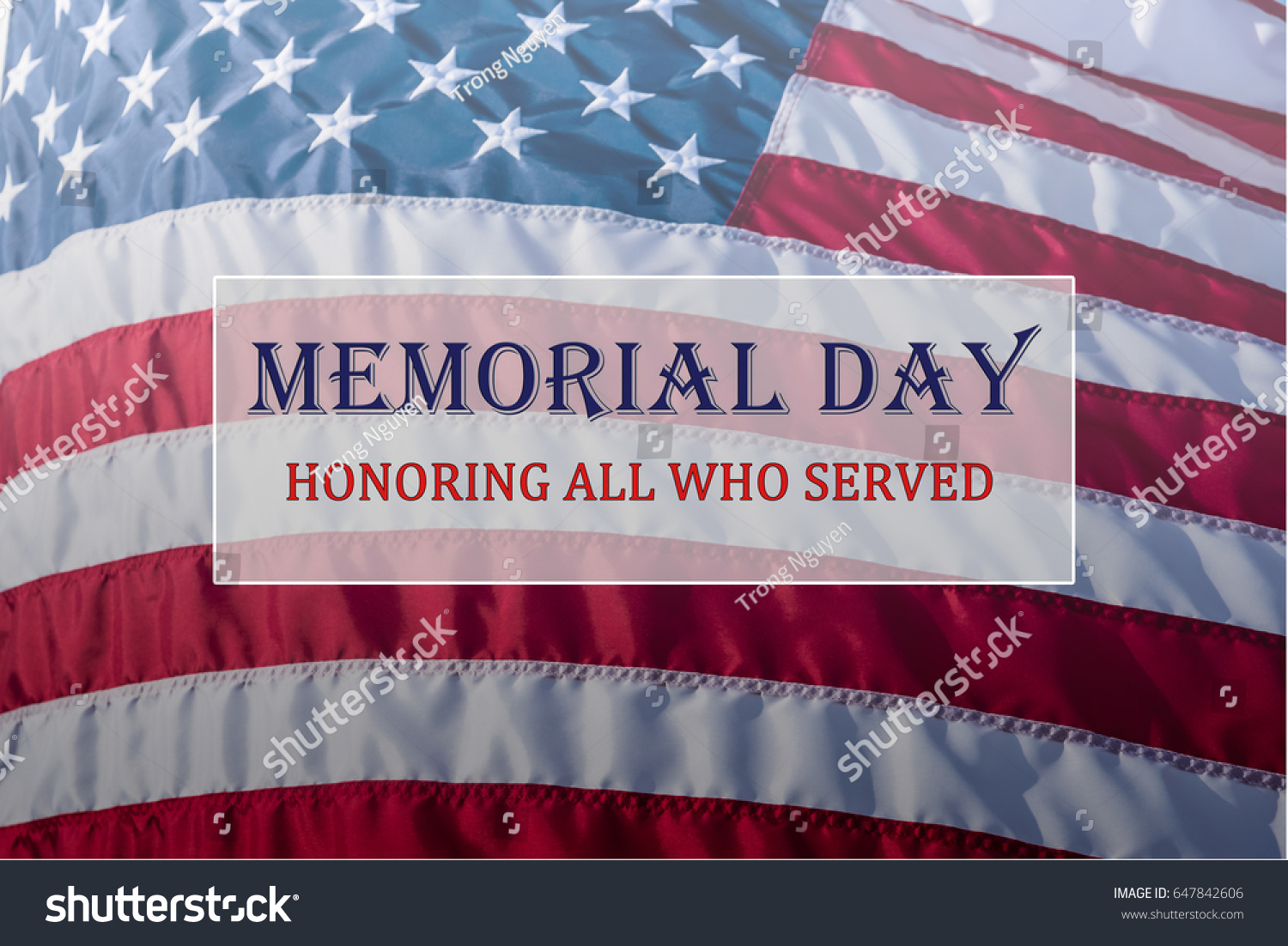 Text Memorial Day and Honor on flowing American flag background. Concept of Memorial day or Veteran's day in America. #647842606
