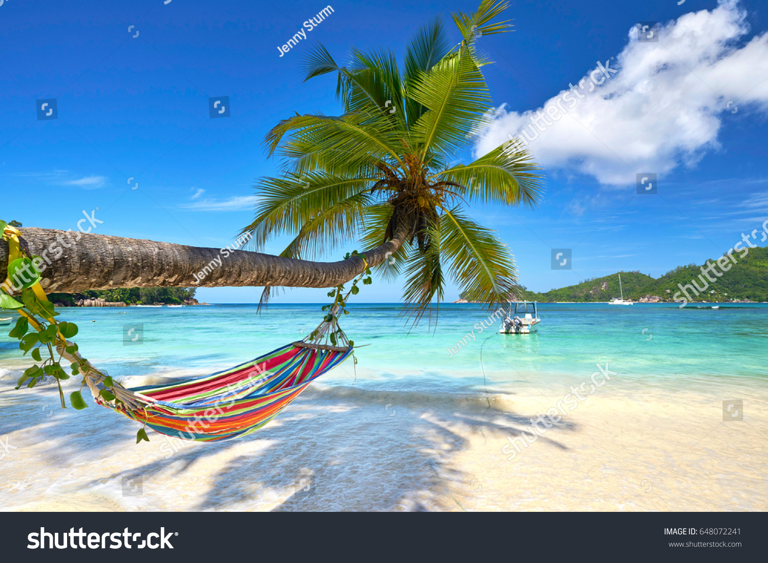 Romantic cozy hammock in the shadow of coconut palm tree at tropical paradise ocean beach in bright sunny summer day - vacation background                                 #648072241