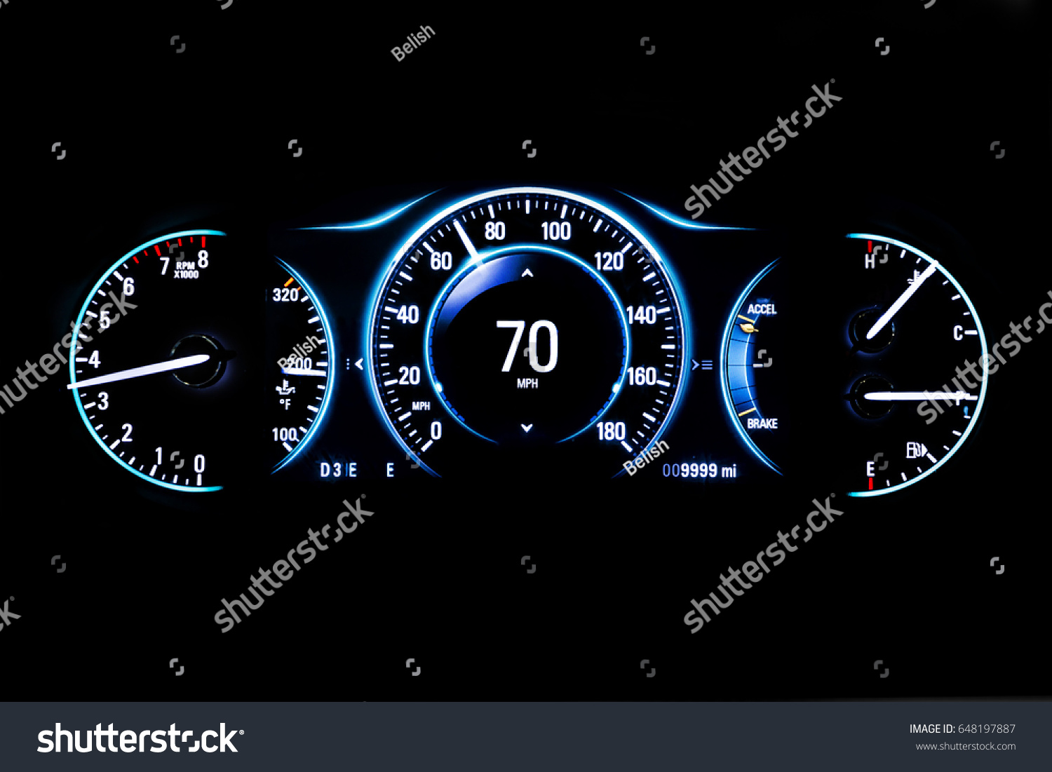 Modern light car mileage (dashboard, milage) isolated on a black background. New display of a modern car. RPM, Fuel indicator and temperature. 70 mph. #648197887
