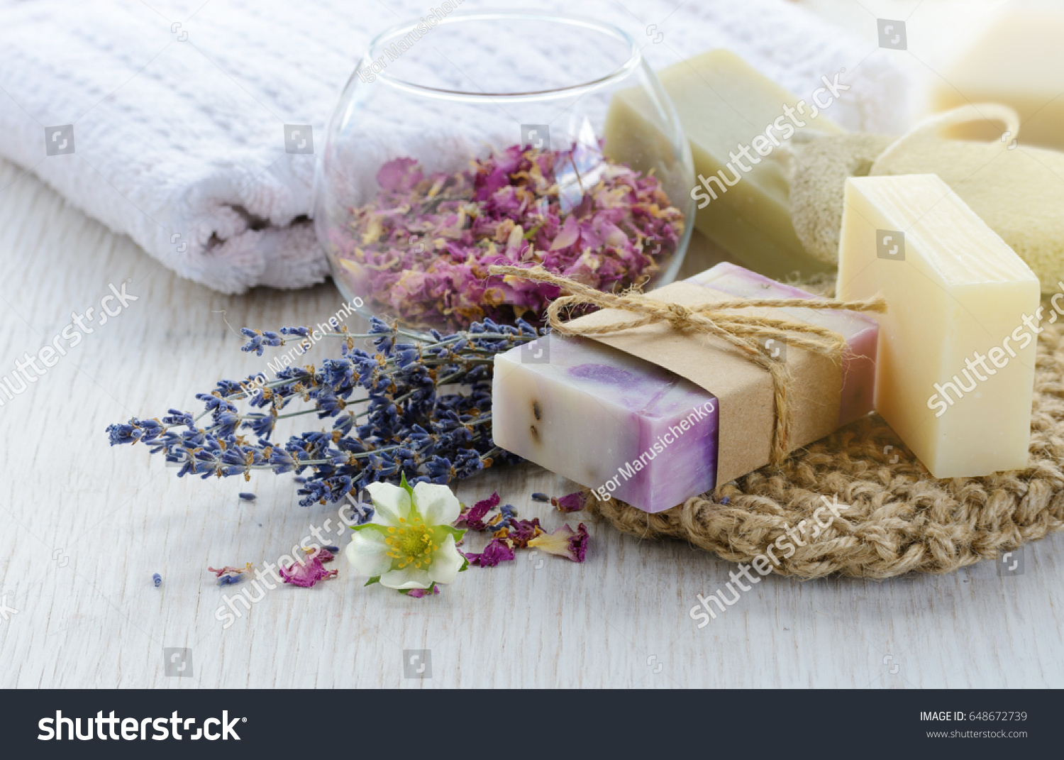 Handmade Soap with bath and spa accessories. Dried lavender and rose petals #648672739