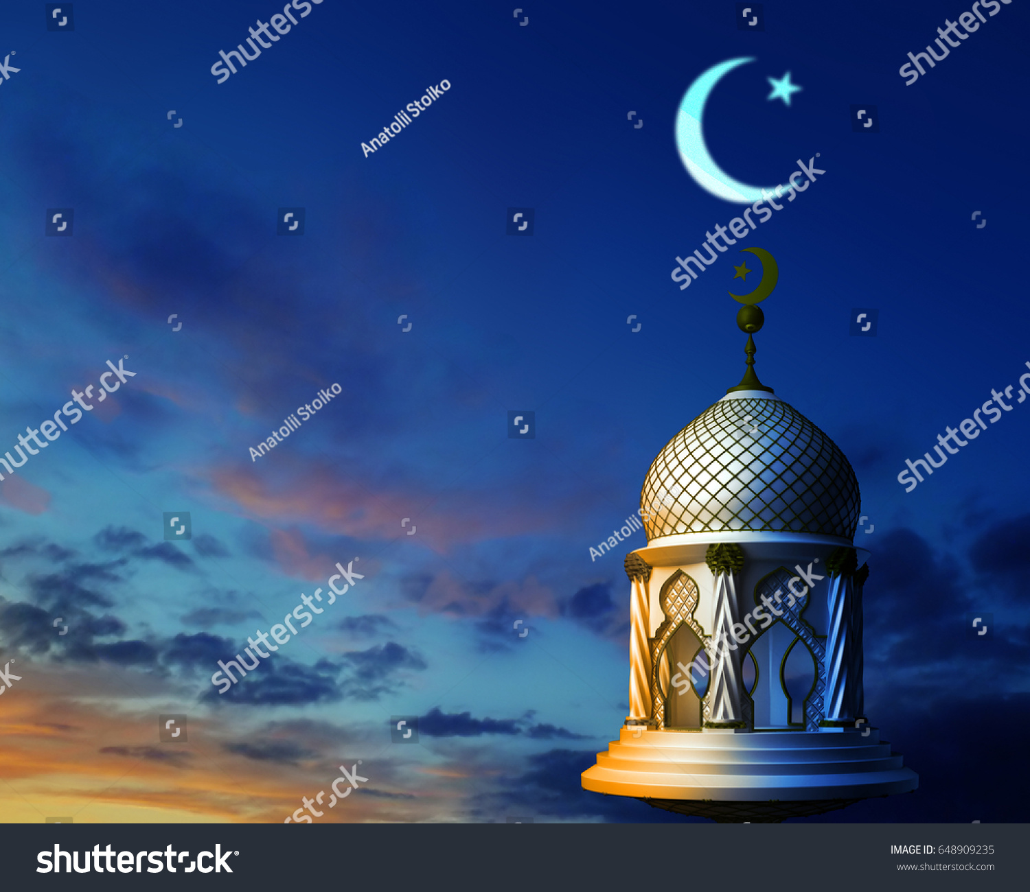 3d illustration of abstract mosque in night sky with crescent moon and star #648909235