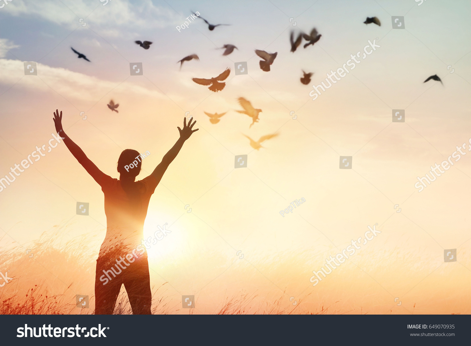 Woman praying and free bird enjoying nature on sunset background, hope concept  #649070935