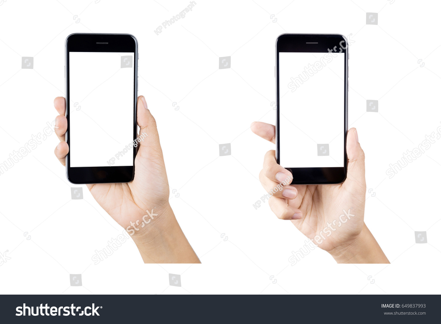 Woman hand holding smartphone isolated on white background. white screen #649837993
