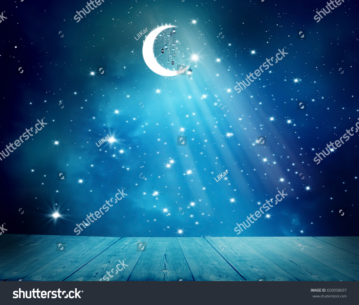 Islamic greeting  Eid Mubarak cards for Muslim Holidays.Eid-Ul-Adha festival celebration . Ramadan Kareem background.Crescent Moon and Lanterns Lightning in sky #650058697