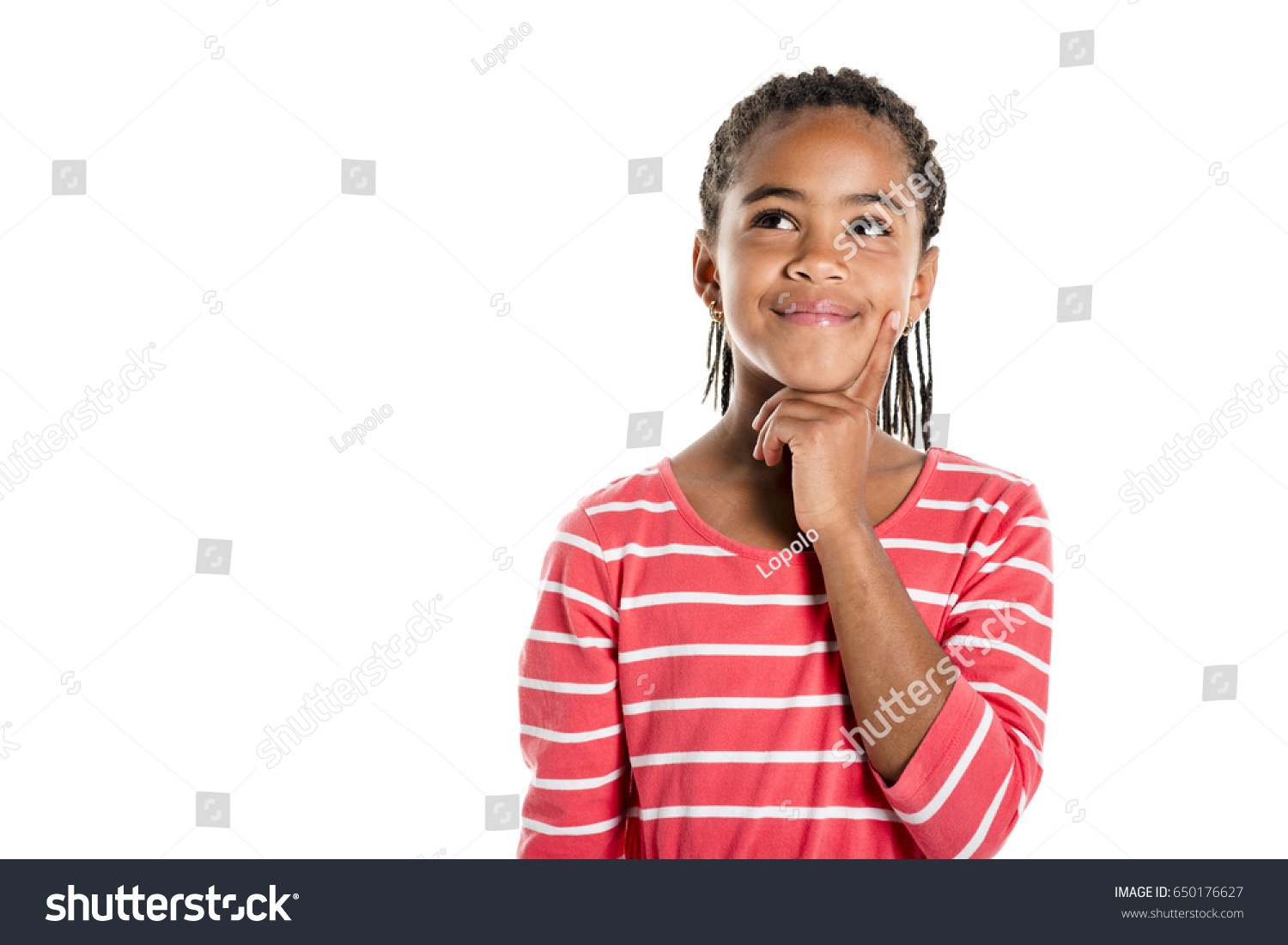 An Adorable african little girl on studio white background #650176627