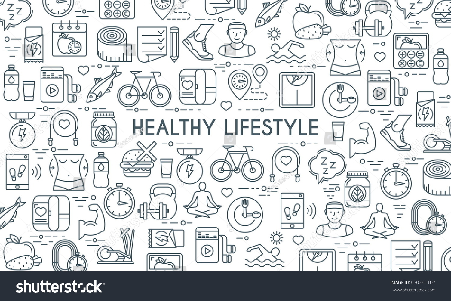 Healthy lifestyle banner. Design template with thin line icons on theme fitness, nutrition and dieting. Vector illustration #650261107