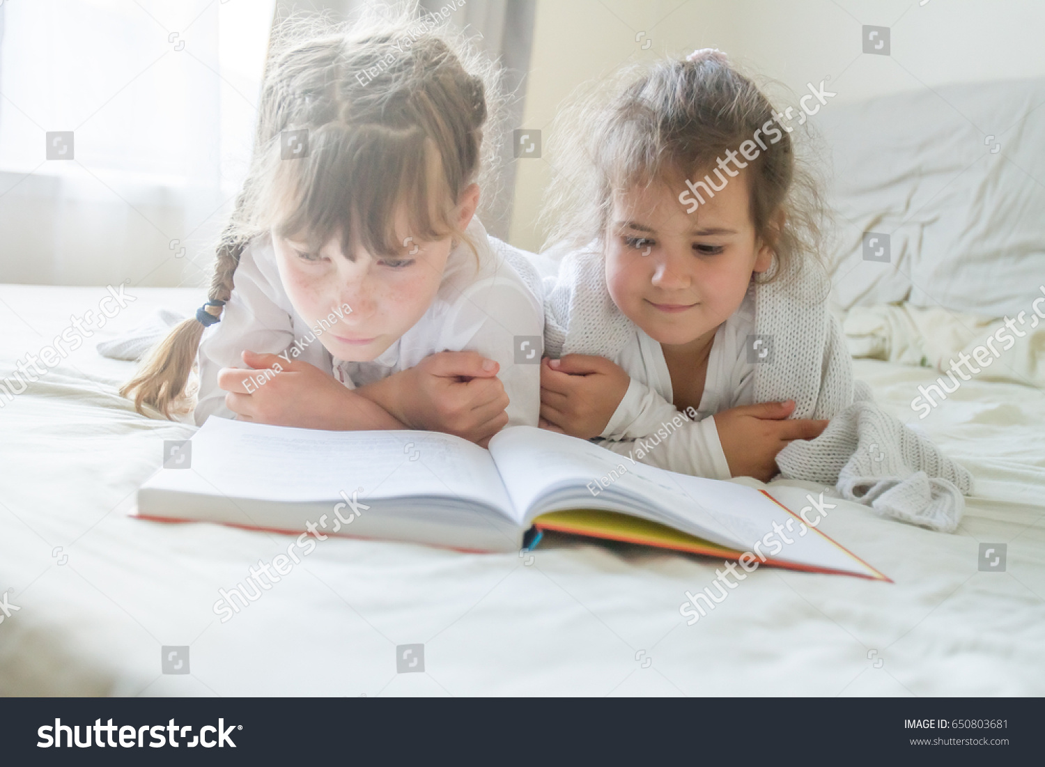 indoor portrait of young european girls - two sisters - lying in bed and reading a book #650803681