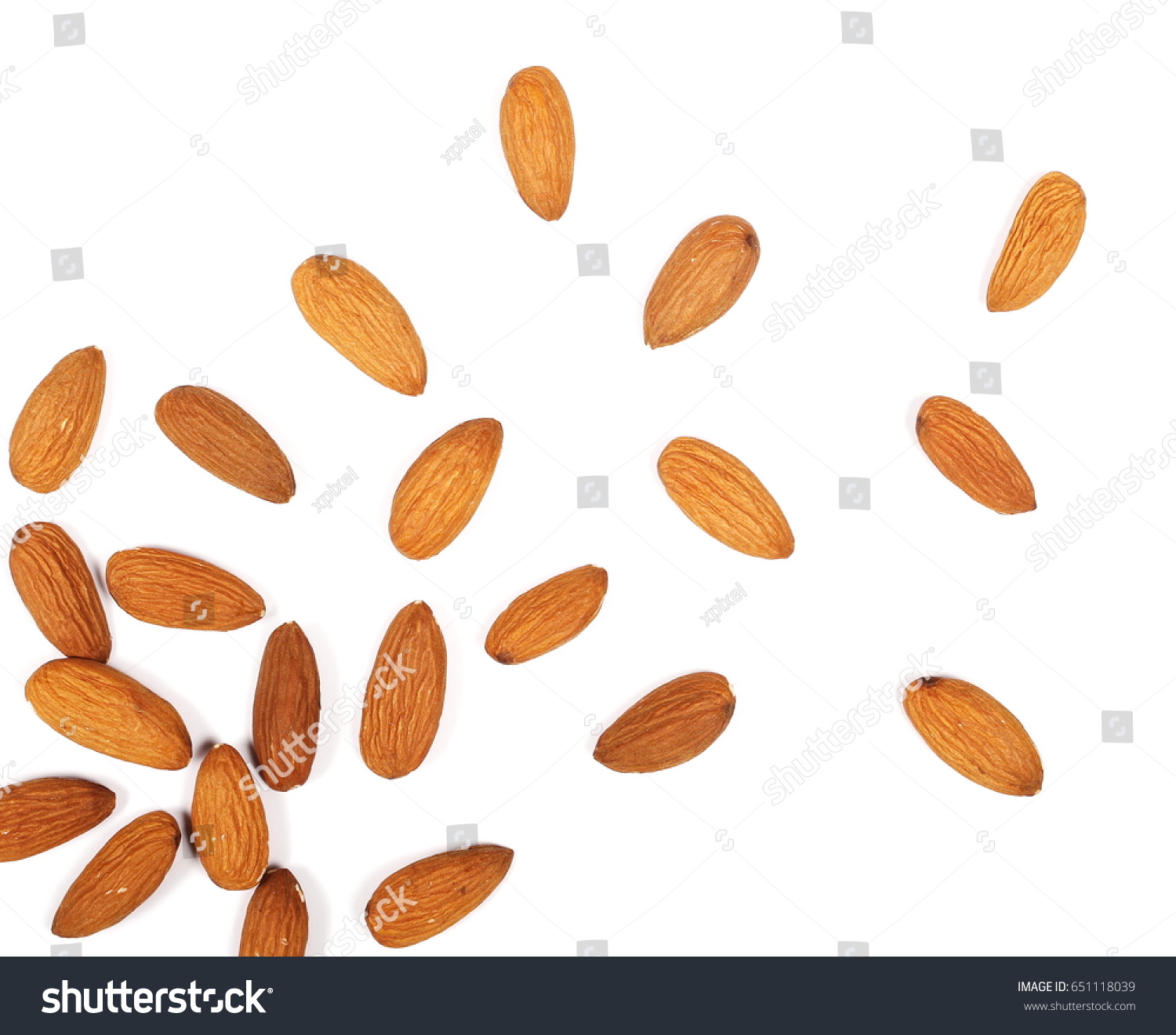 Almond nuts isolated on white background, top view #651118039