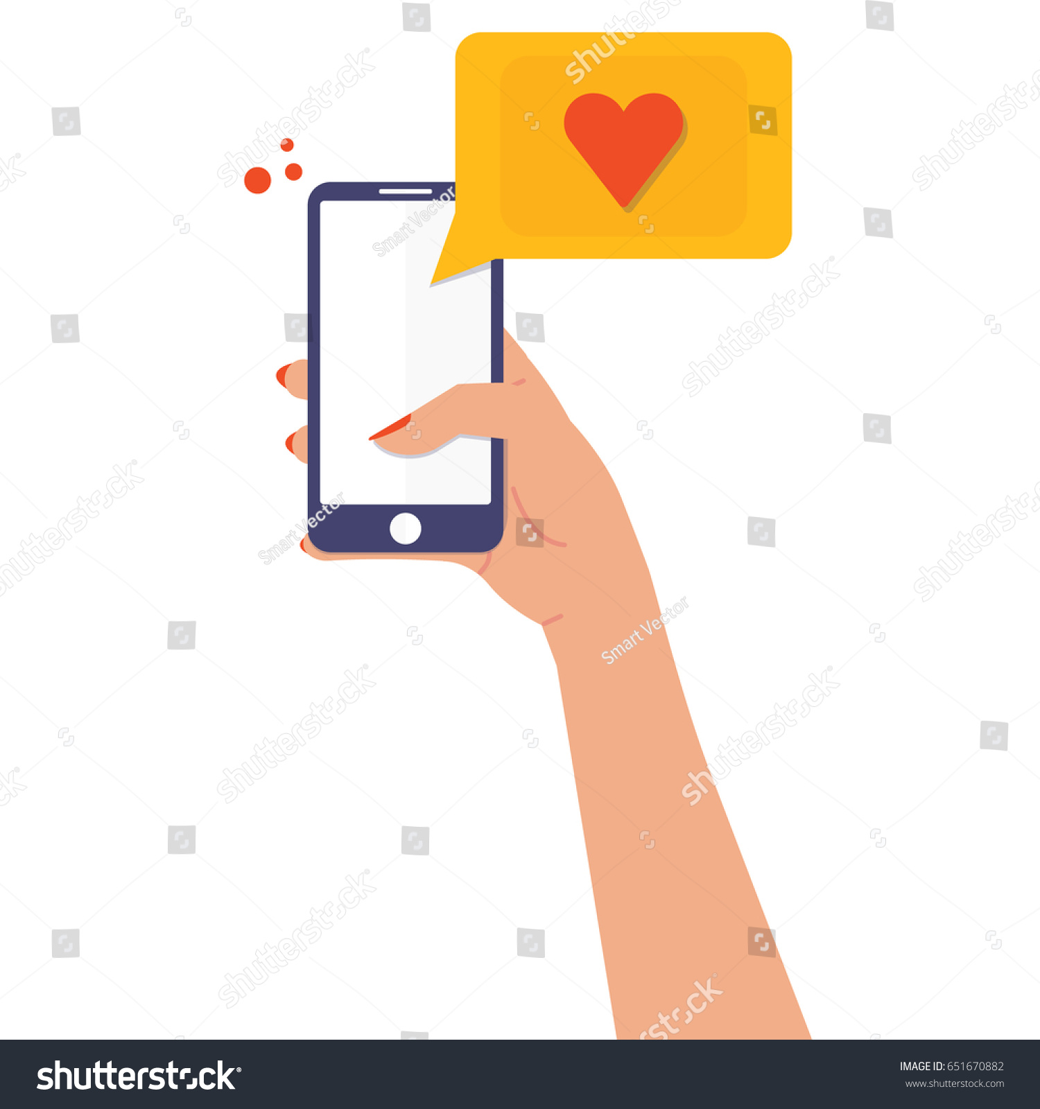 Woman hand with nail polish hold smartphone with like message, like button, thumb, finger touch screen, for banner, web site, colorful flat style vector illustration eps 10 #651670882