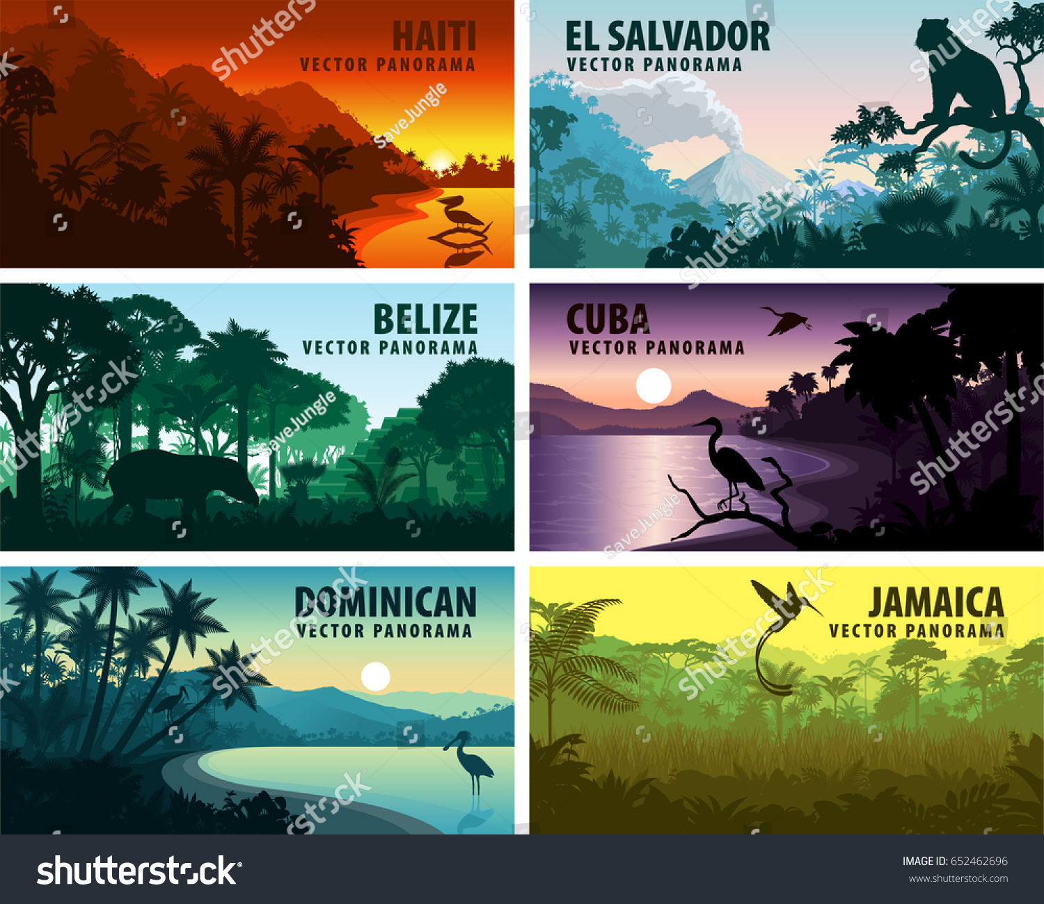 vector set of panoramas countries of caribbean and Central America - Haiti, Jamaica, Dominican, Cuba, El Salvador, Belize. #652462696