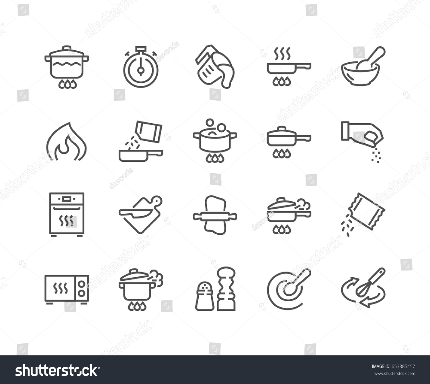 Simple Set of Cooking Related Vector Line Icons. 
Contains such Icons as Frying Pan, Boiling, Flavoring, Blending and more.
Editable Stroke. 48x48 Pixel Perfect. #653385457