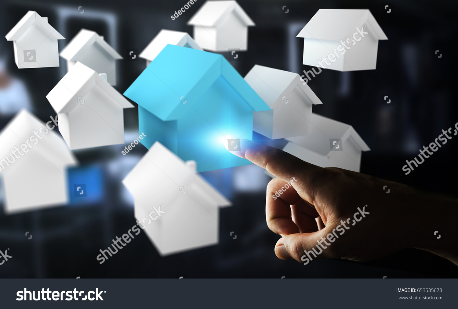 Businessman on blurred background using 3D rendered small white and blue houses #653535673