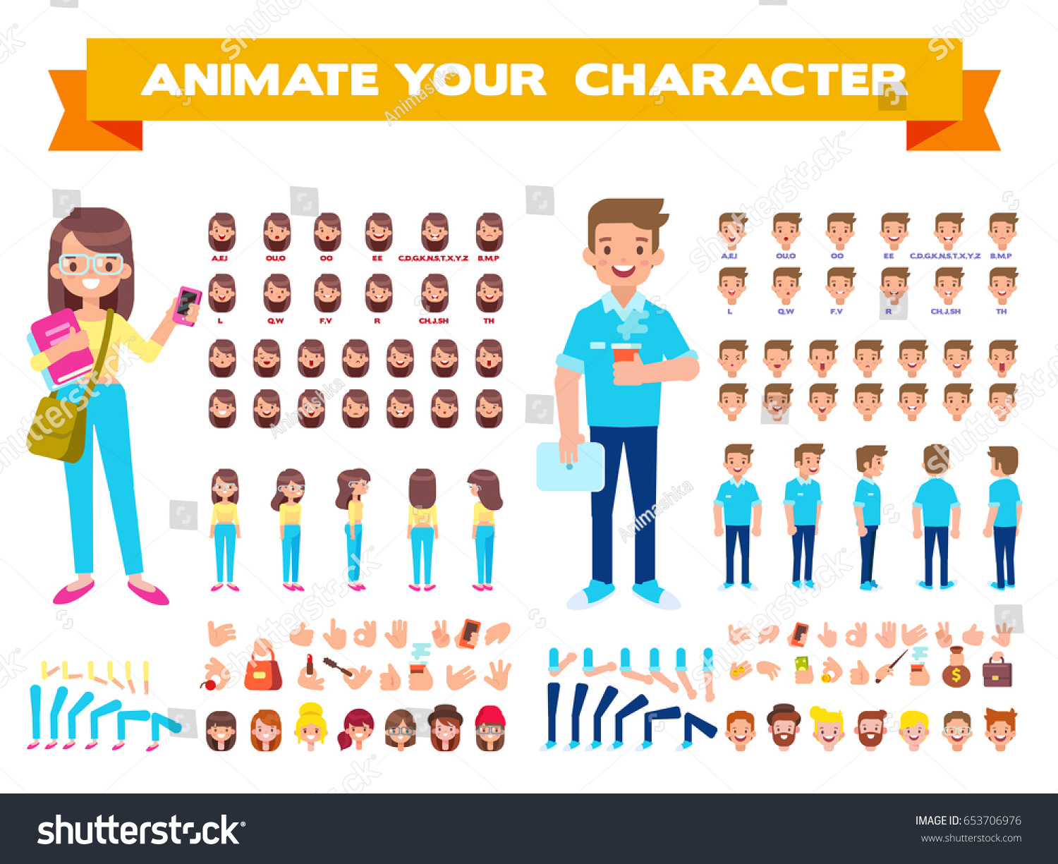 Front, side, back view animated characters. Male and female Students creation set with various views, hairstyles, face emotions, poses and gestures. Cartoon style, flat vector illustration. #653706976