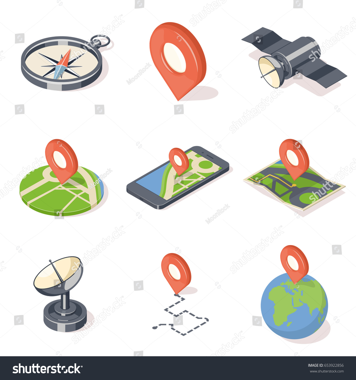 GPS navigation icons set isolated on white background. Isometric vector illustration
 #653922856