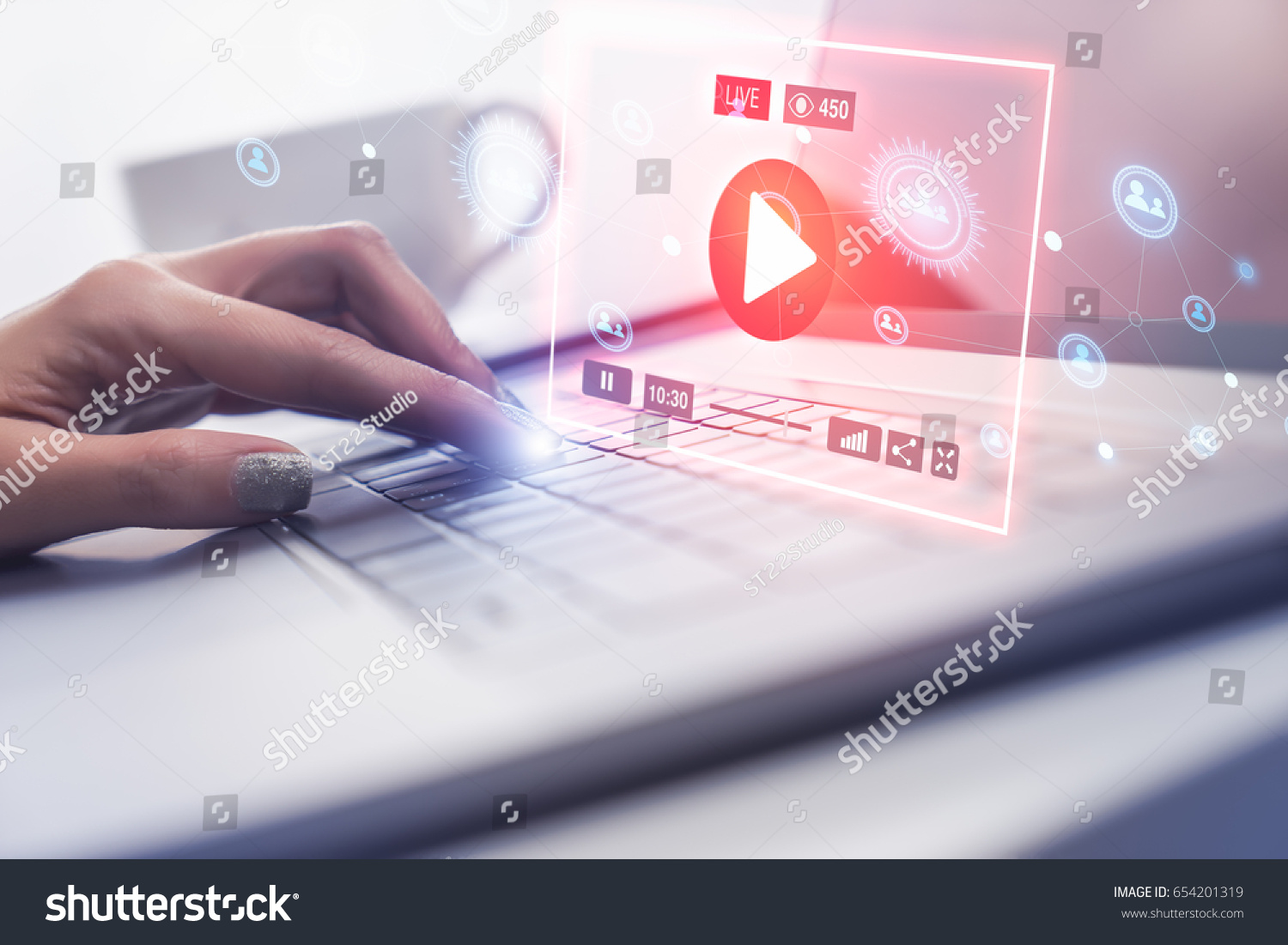 Woman hand using modern laptop computer to connect with live streaming video on social network