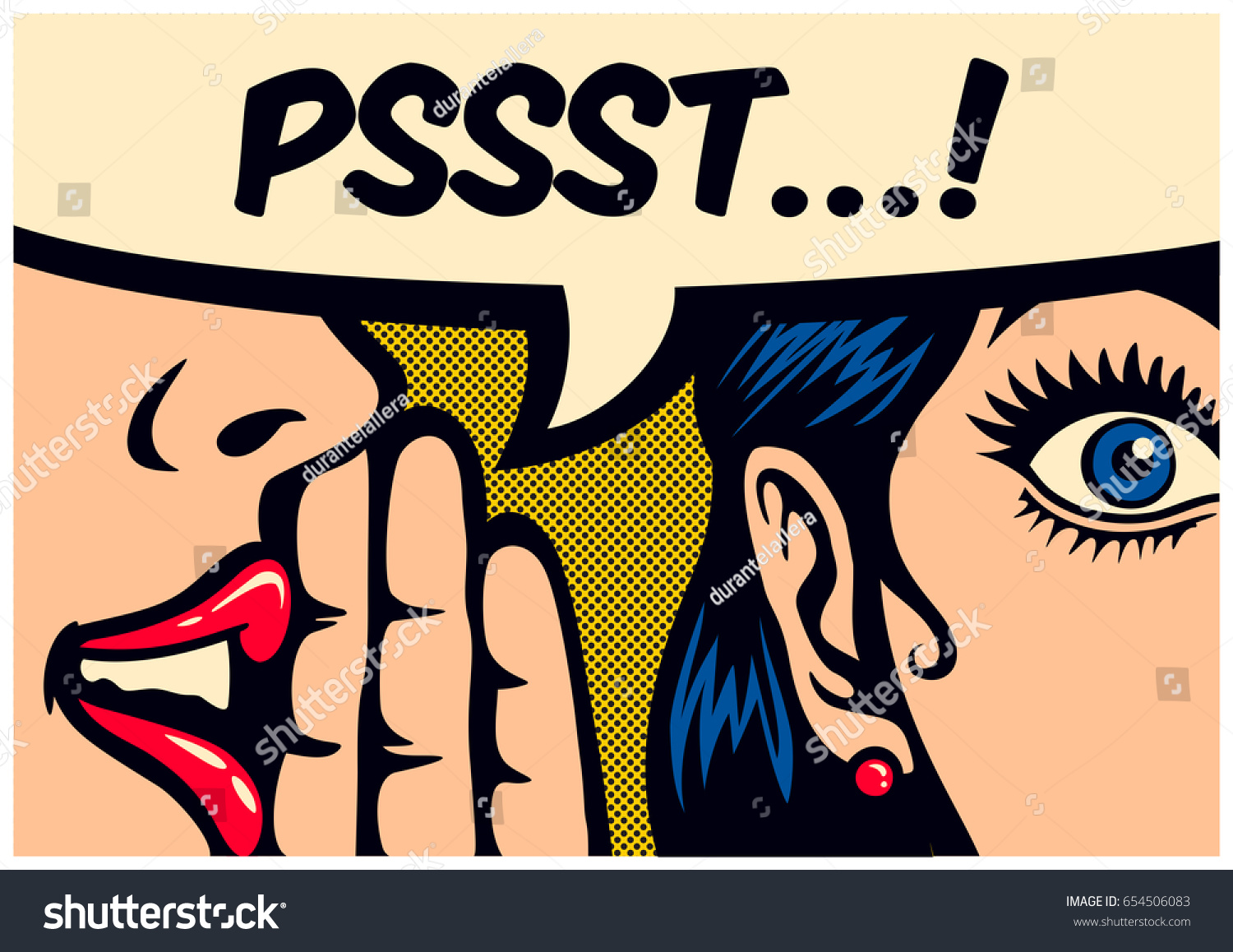 
Pop Art style comic book panel gossip girl whispering in ear secrets with speech bubble, rumor, word-of-mouth concept vector illustration #654506083