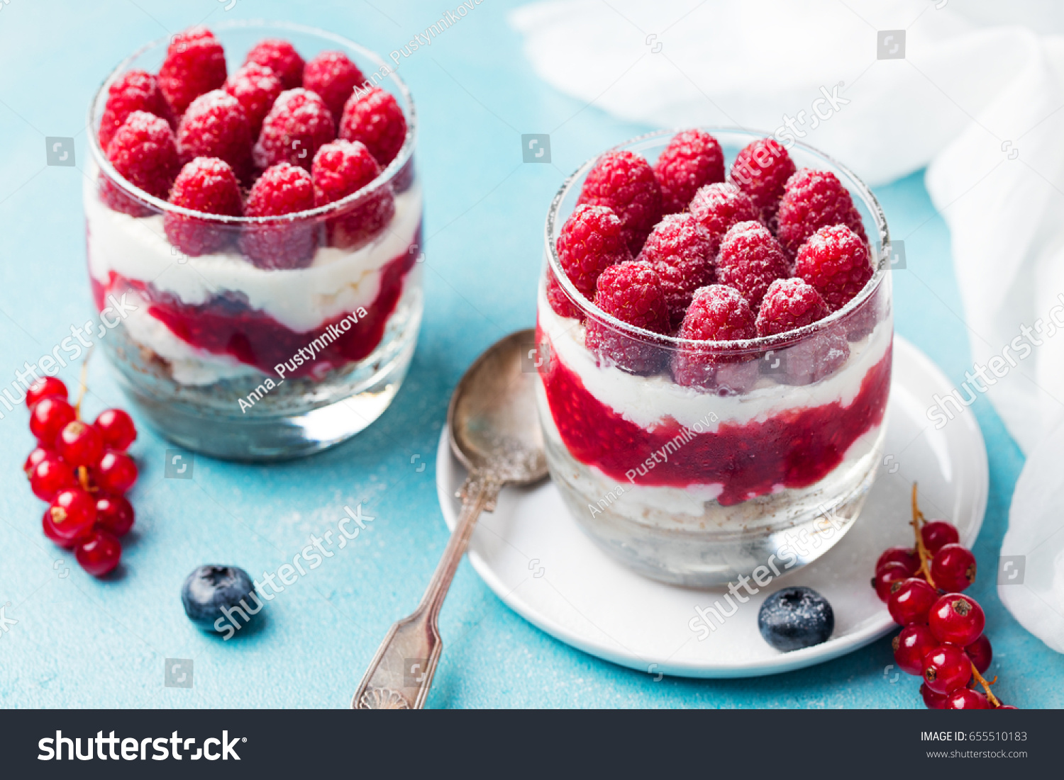 Raspberry dessert, cheesecake, trifle, mouse in a glass. #655510183
