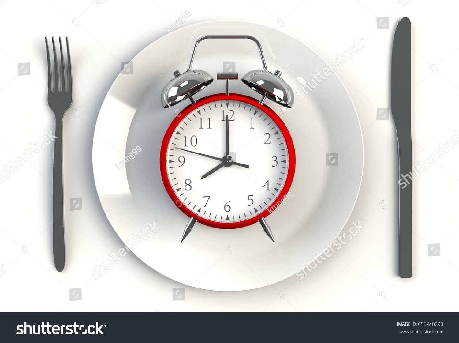 Alarm clock on plate, knife and fork on white table, 3D rendering #655940290