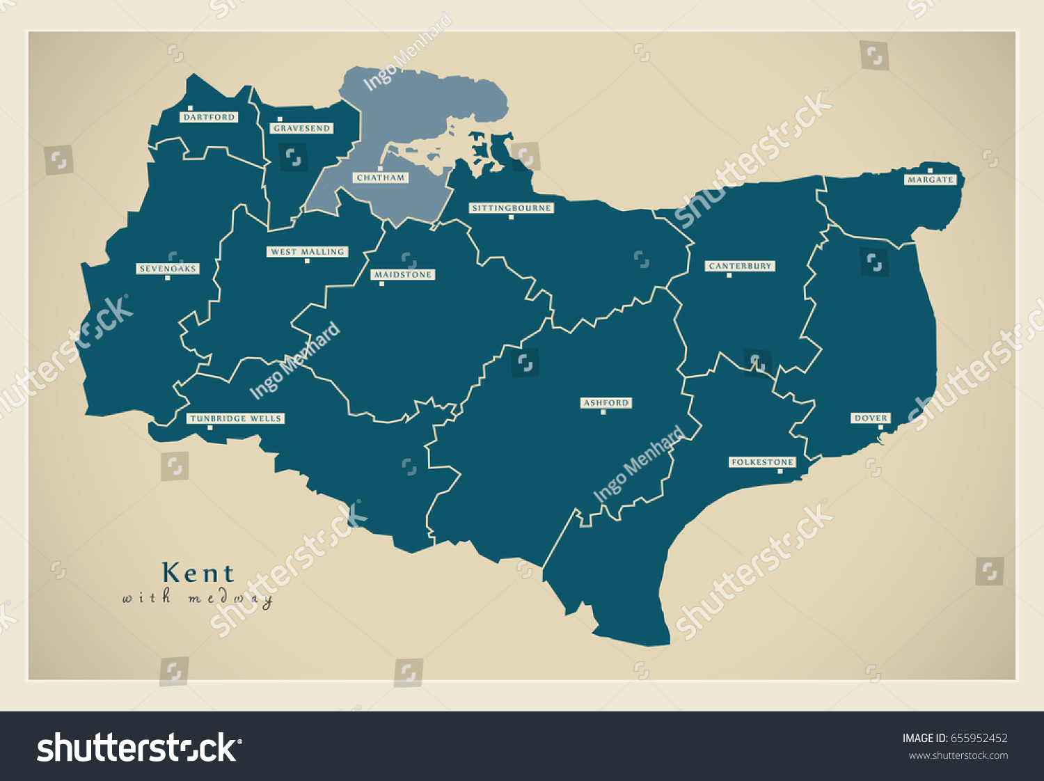 Modern Map - Kent county with districts - Royalty Free Stock Vector 