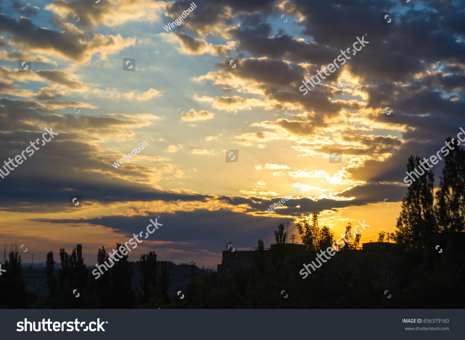 landscape with dramatic light - orange clouds and the outline of trees at sunrise #656379160