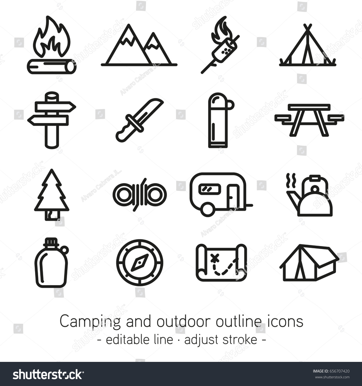 Camping And Outdoor Outline Icons - Editable - Royalty Free Stock 