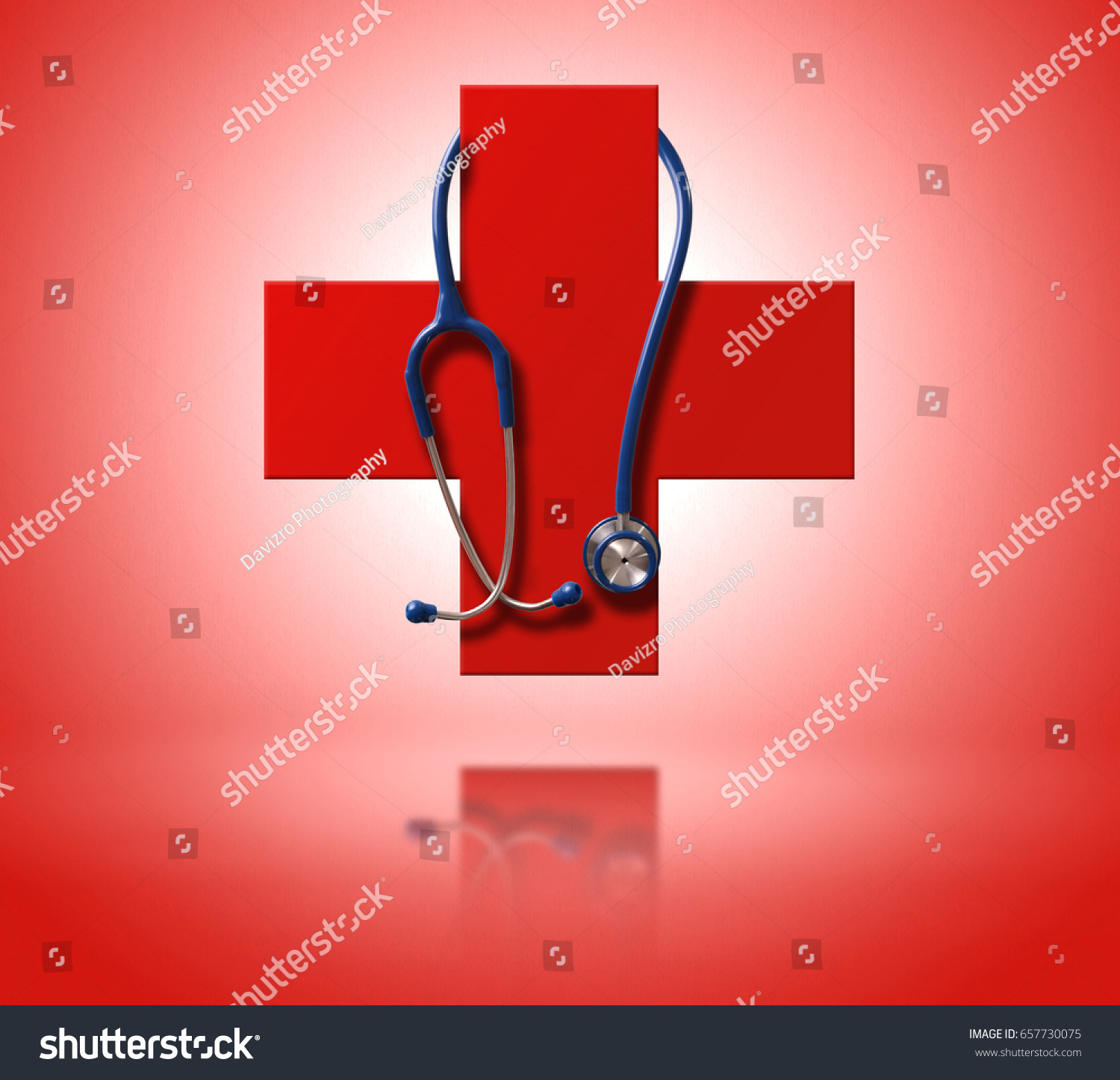 Red cross as a symbol of medical health. With hanging stethoscope and reflex. Frontal view #657730075