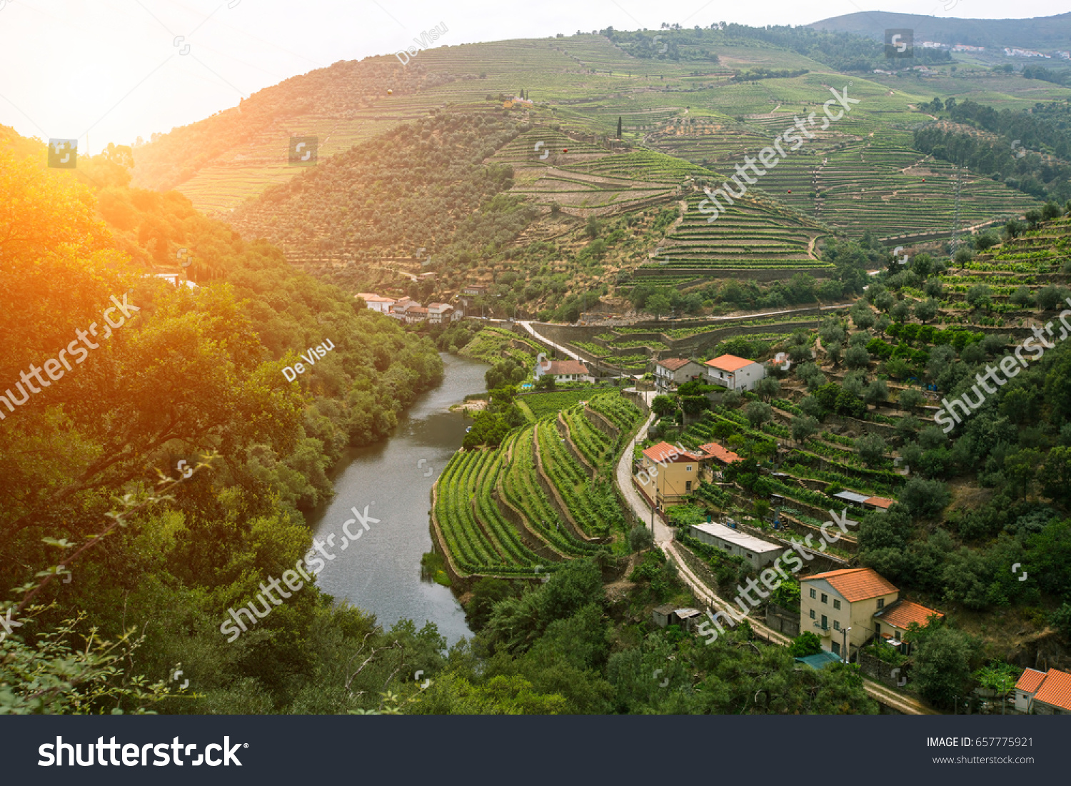 Douro Valley, Portugal. Top view of river, and the vineyards are on a hills. #657775921