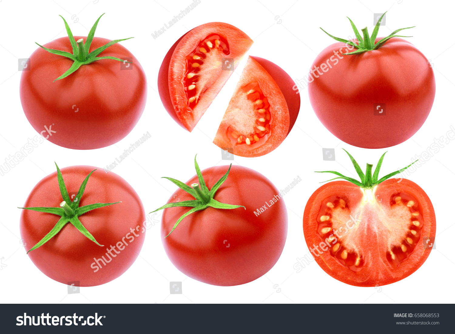 Tomatoes isolated. Fresh cut tomato set isolated on white background with clipping path #658068553