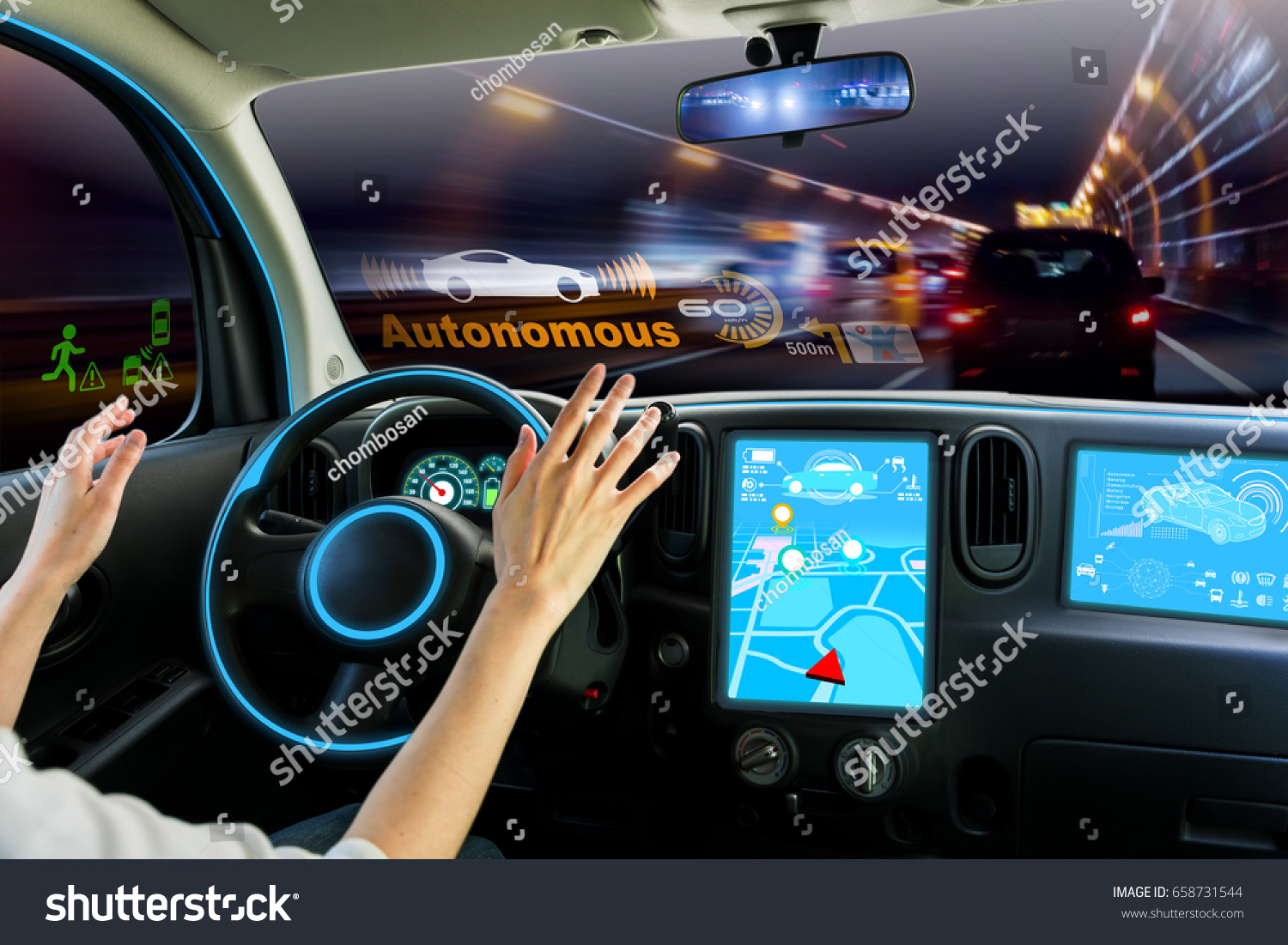 cockpit of autonomous car. self driving vehicle hands free driving. #658731544