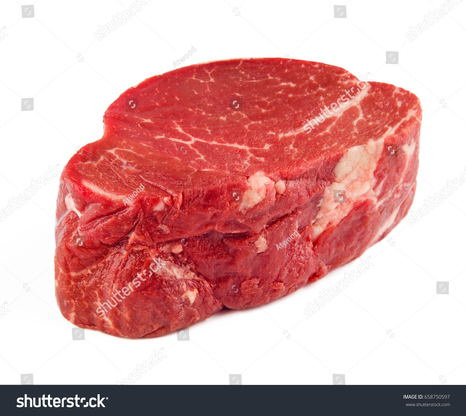 Close-up view of filet mignon isolated on white background. #658750597