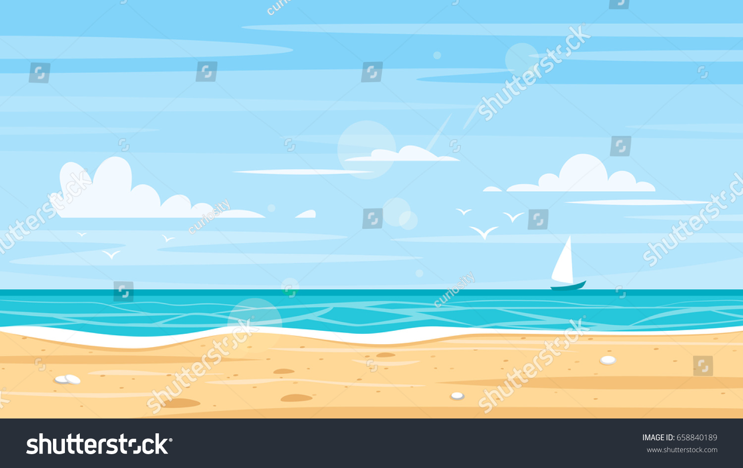 Vector cartoon style background of sea shore. Good sunny day. #658840189