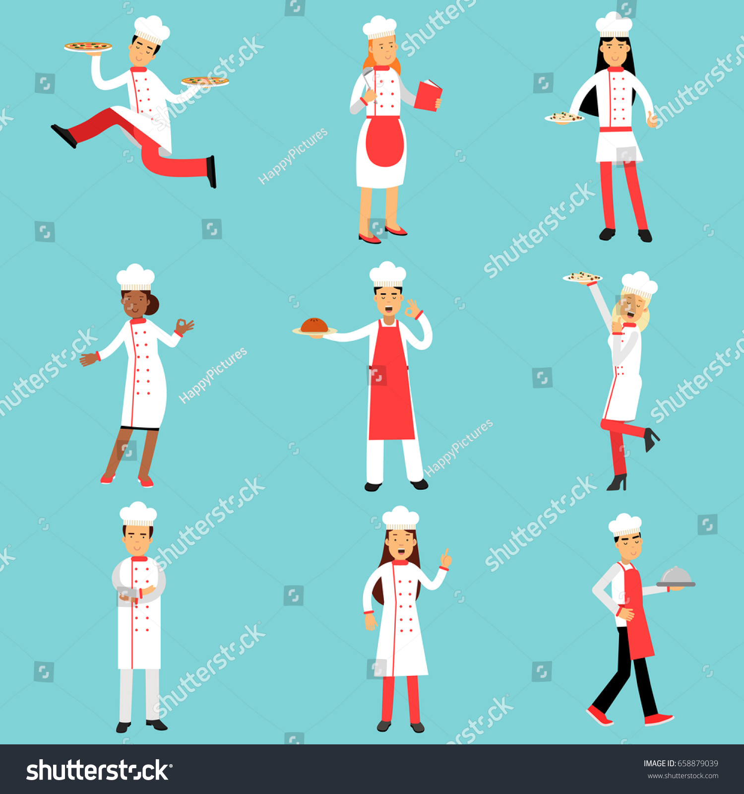 Chief cooks and bakers at work set. Professional kitchen staff Illustrations #658879039