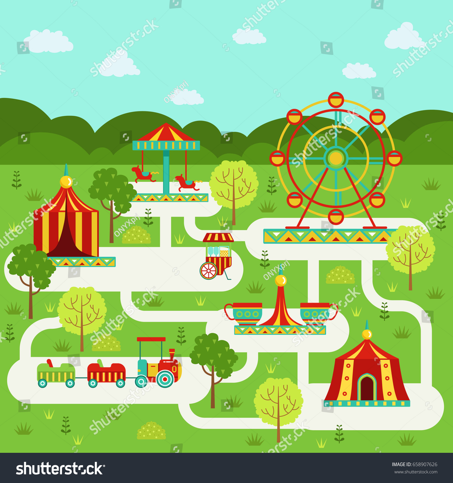 Vector map of amusement park with attractions. - Royalty Free Stock ...