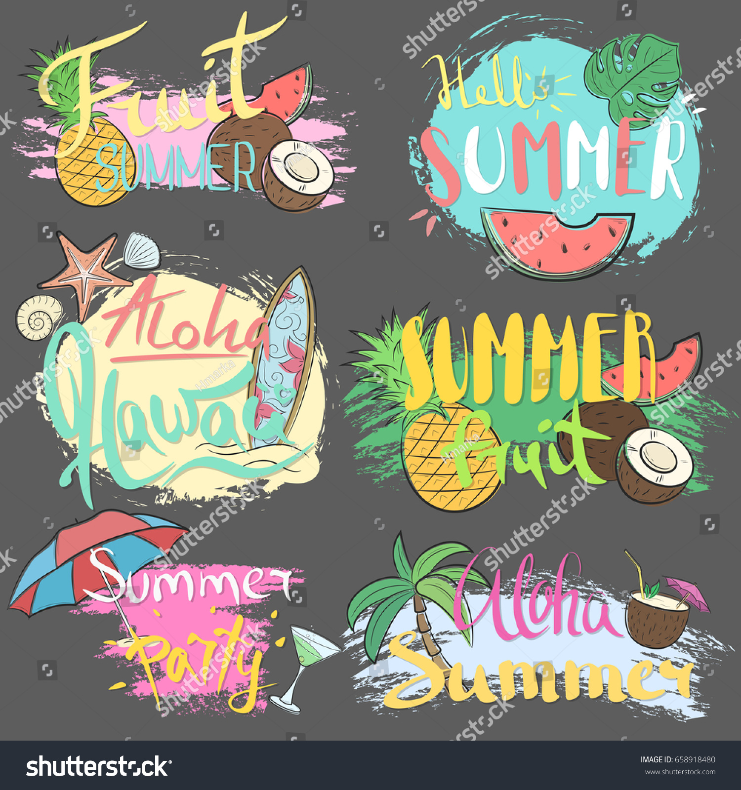 Vector hand-drawn lettering with illustrations of leaves of palm trees, surfing, cocktails, etc. Summer labels, logos, hand drawn tags and elements set for summer holiday #658918480