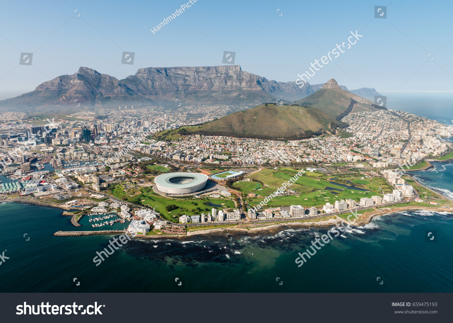 Cape Town,South Africa (aerial view from a helicopter) with the stadium in the focus #659475193